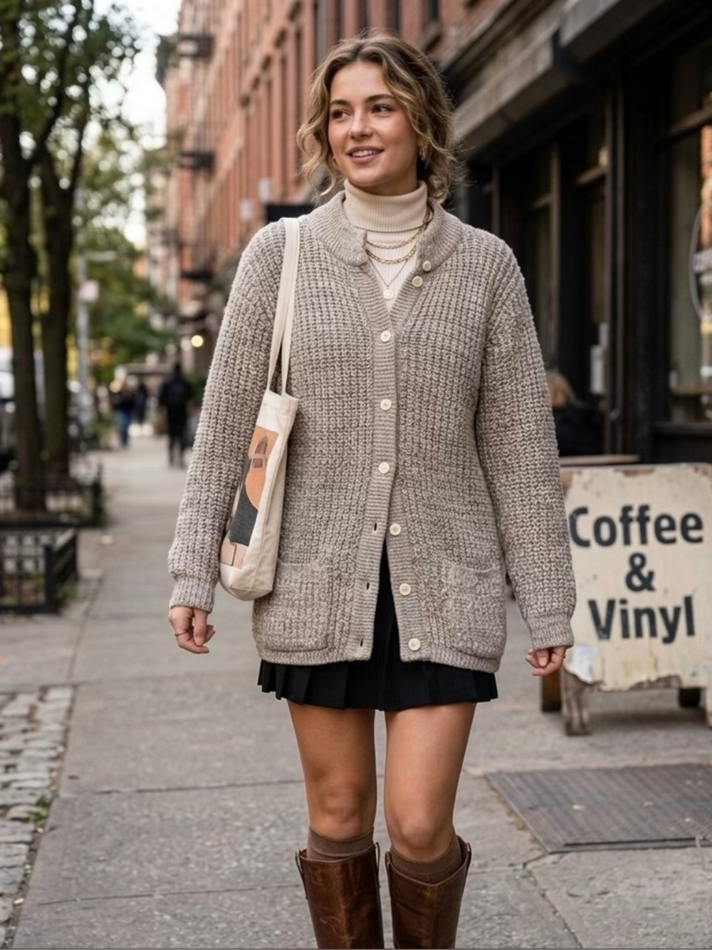 Evian Ltd Button-Up Chunky Knit Cardigan Sweater Tan Cream Cozy Warm Winter